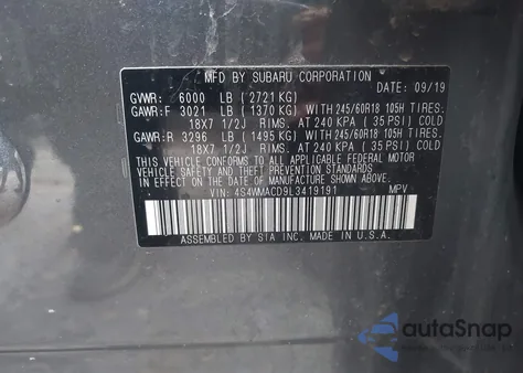 2020 Subaru Ascent Premium z USA, uszkodzony, nr VIN 4S4WMACD9L3419191